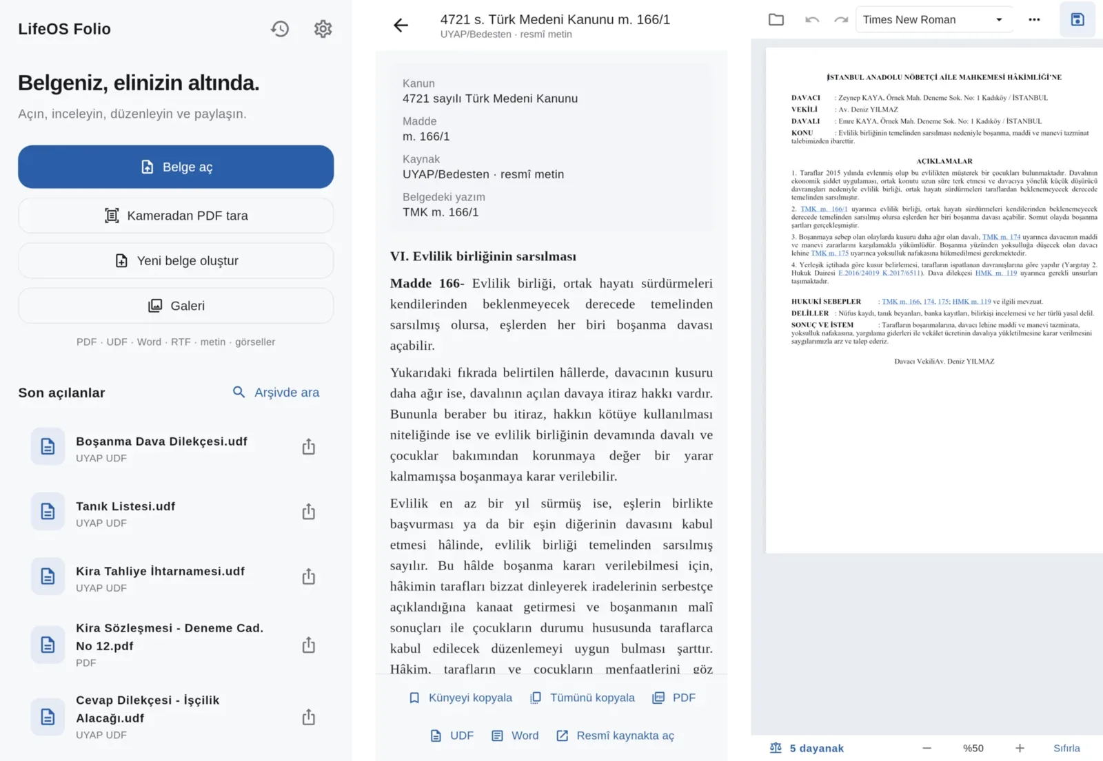 Folio’nun Android sürümü: ana ekran, kanun maddesi ve dilekçe