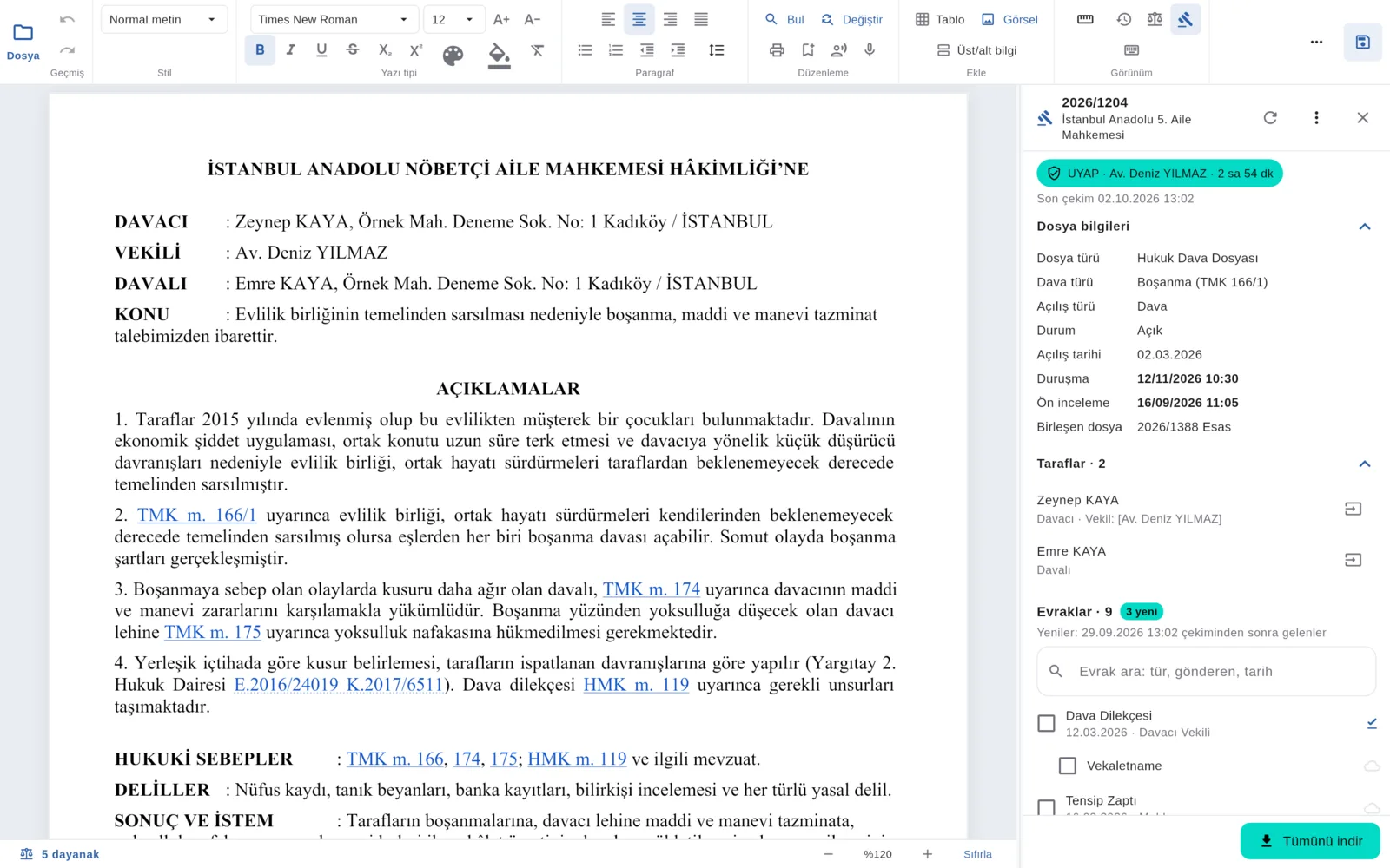 Dilekçenin yanında açılan UYAP dosya paneli